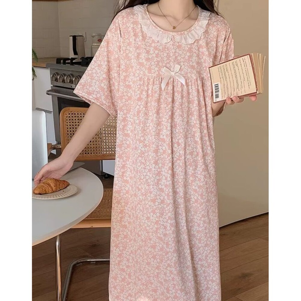 Womens M Pink Floral Print Knit Midi Nightgown Short Sleeve SleepDress Lace Boho